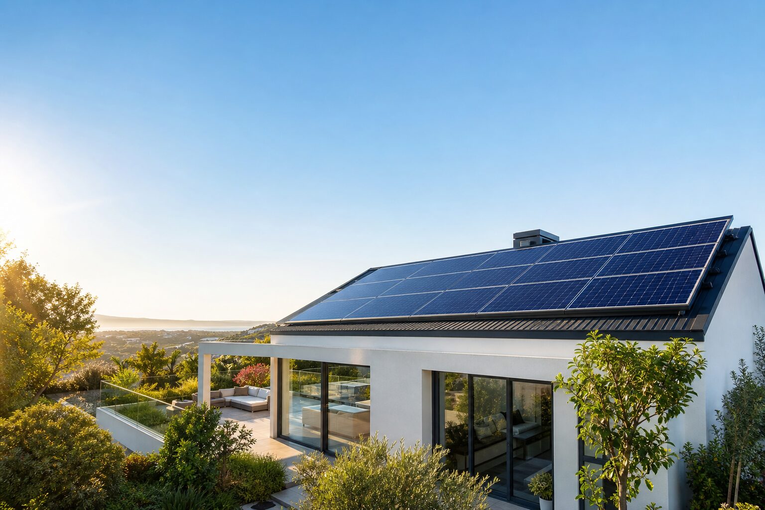 Modern home with rooftop solar panels at sunset
